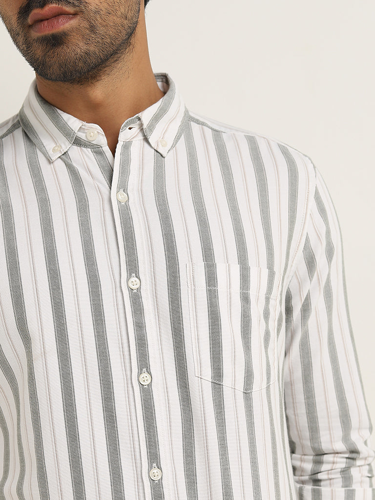 WES Casuals Sage Stripe Printed Slim-Fit Cotton Shirt