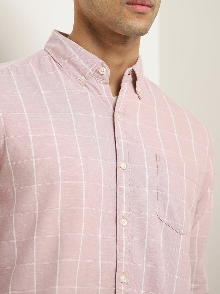 WES Casuals Pink Checkered Design Slim-Fit Cotton Shirt