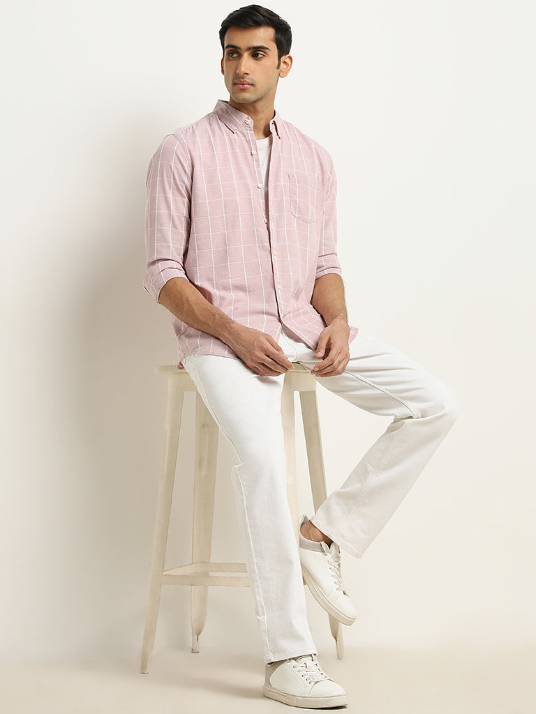 WES Casuals Pink Checkered Design Slim-Fit Cotton Shirt