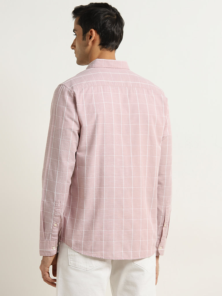 WES Casuals Pink Checkered Design Slim-Fit Cotton Shirt