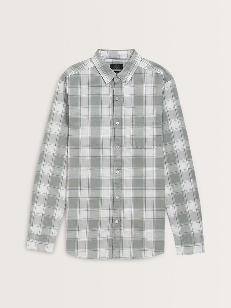 WES Casuals Light Green Checkered Slim-Fit Cotton Shirt