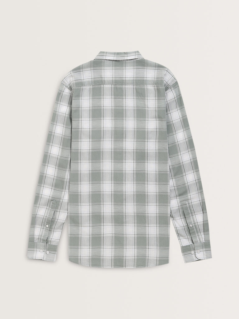 WES Casuals Light Green Checkered Slim-Fit Cotton Shirt