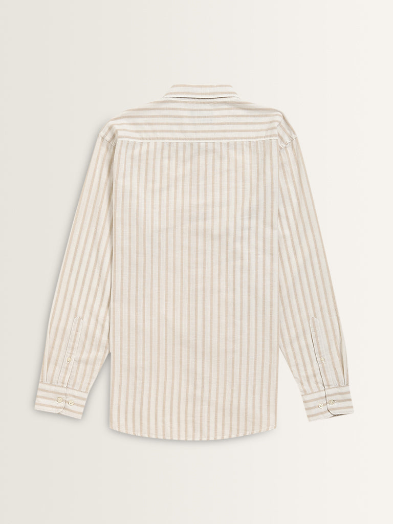 WES Casuals Beige Striped Relaxed-Fit Cotton Shirt