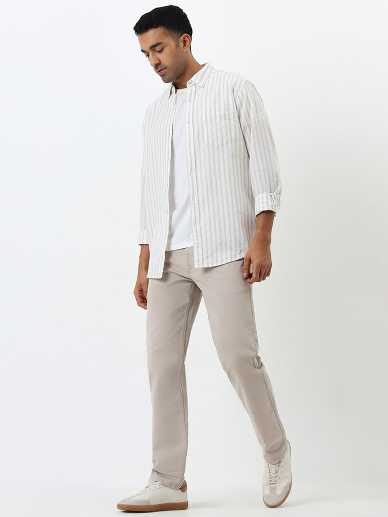 WES Casuals Beige Striped Relaxed-Fit Cotton Shirt