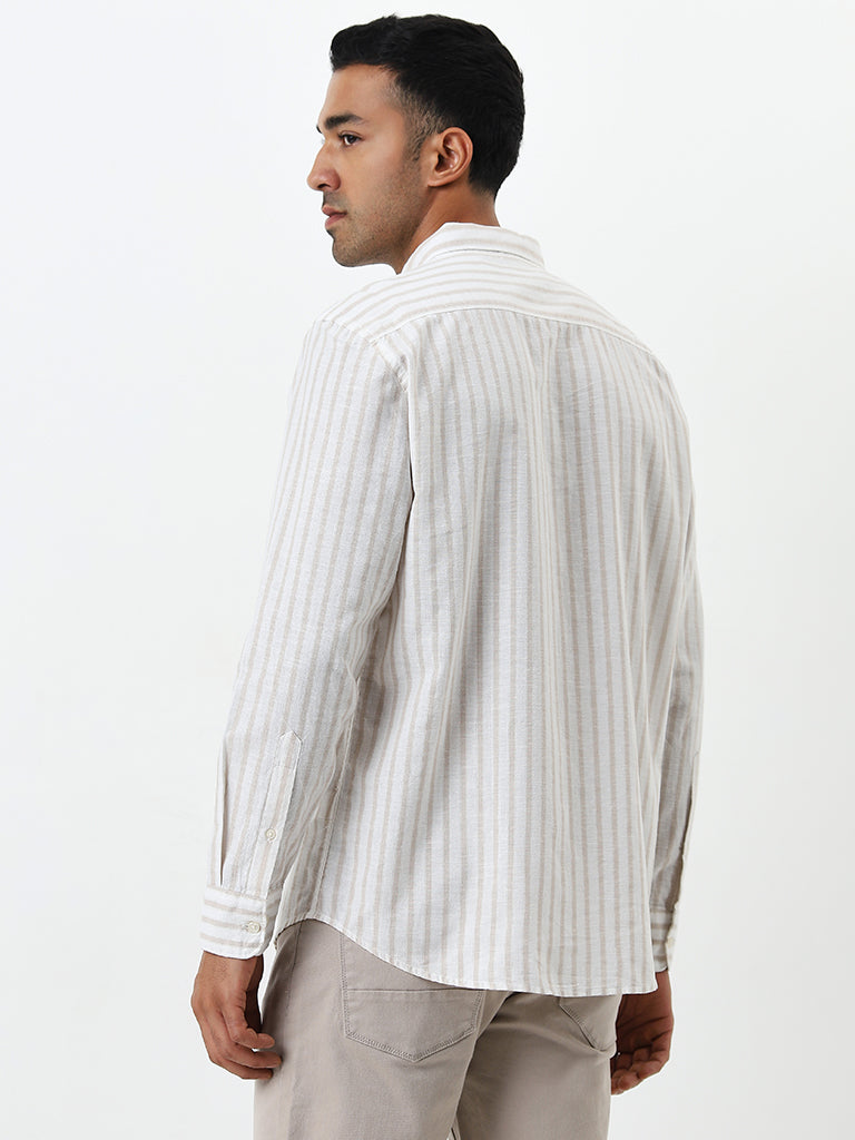 WES Casuals Beige Striped Relaxed-Fit Cotton Shirt