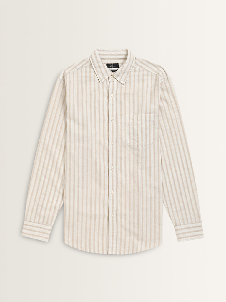 WES Casuals Beige Striped Relaxed-Fit Cotton Shirt