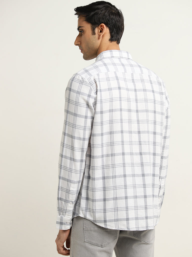 WES Casuals White Checkered Slim-Fit Cotton Shirt