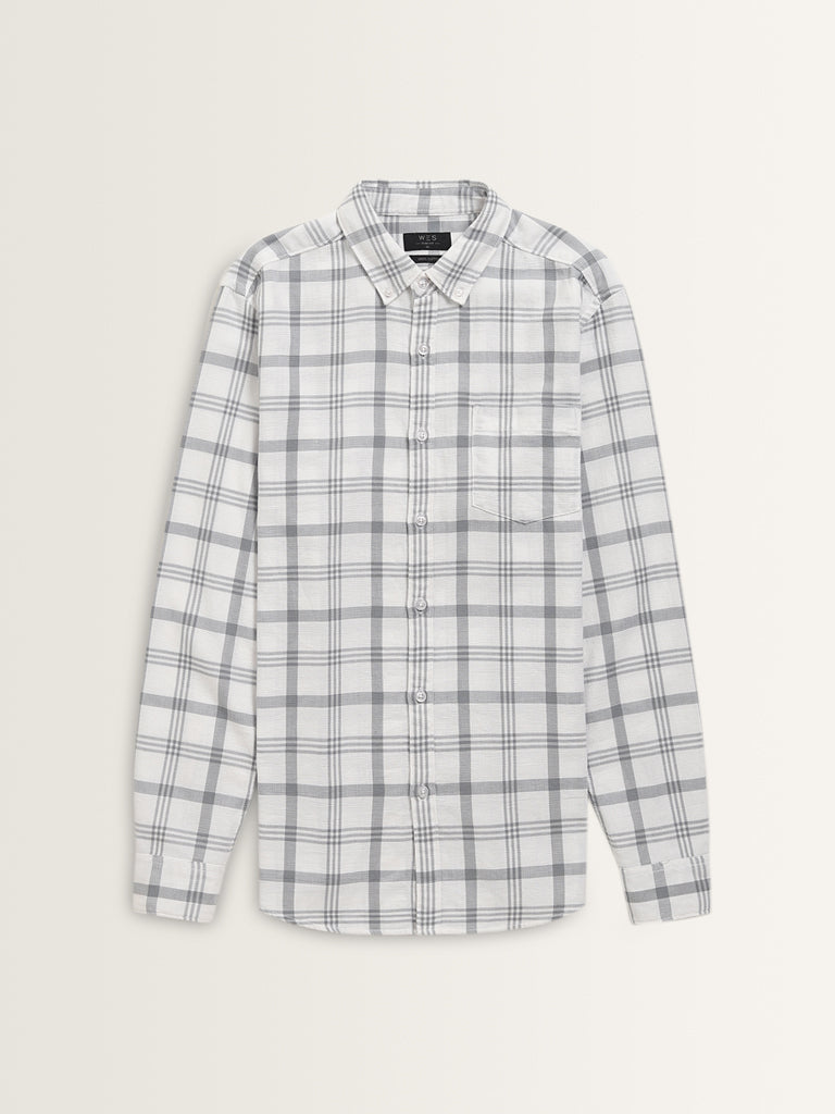 WES Casuals White Checkered Slim-Fit Cotton Shirt