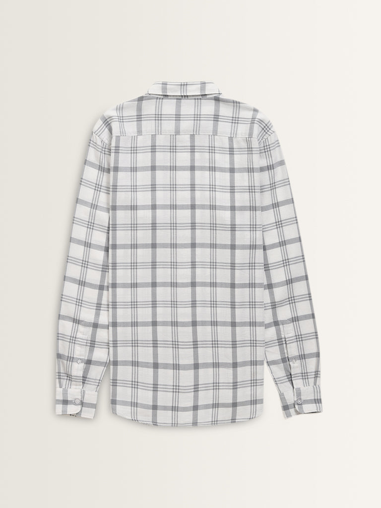 WES Casuals White Checkered Slim-Fit Cotton Shirt