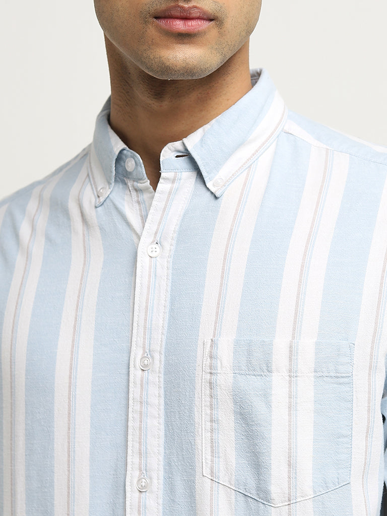 WES Casuals Light Blue Relaxed-Fit Cotton Blend Shirt