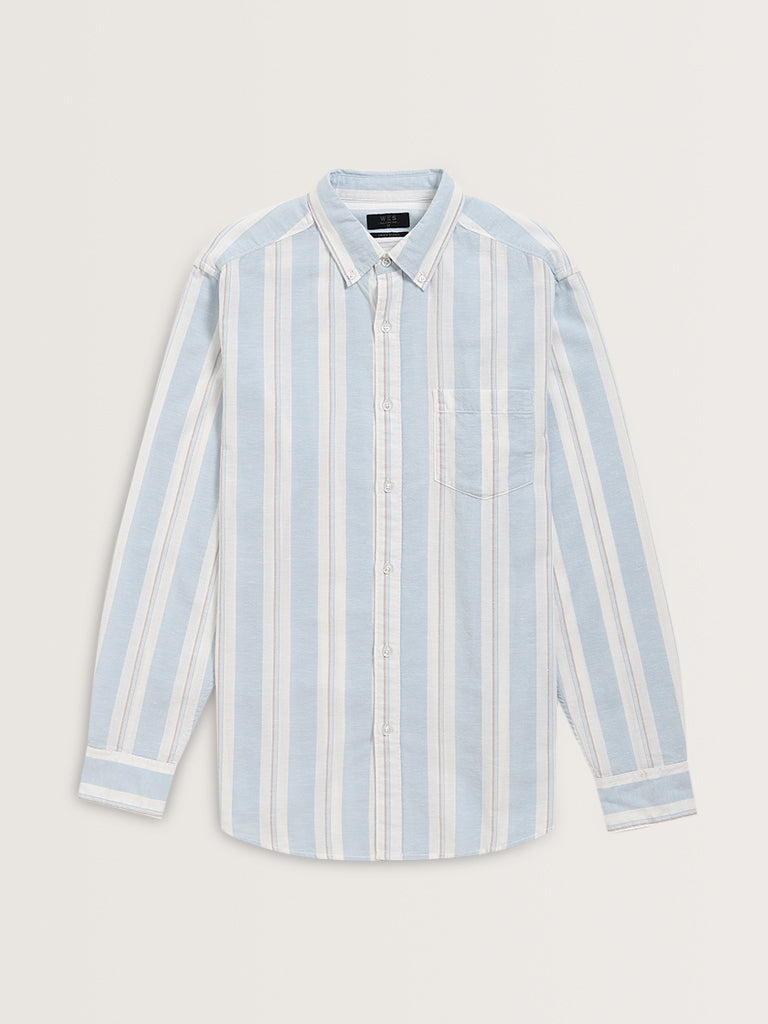 WES Casuals Light Blue Relaxed-Fit Cotton Blend Shirt