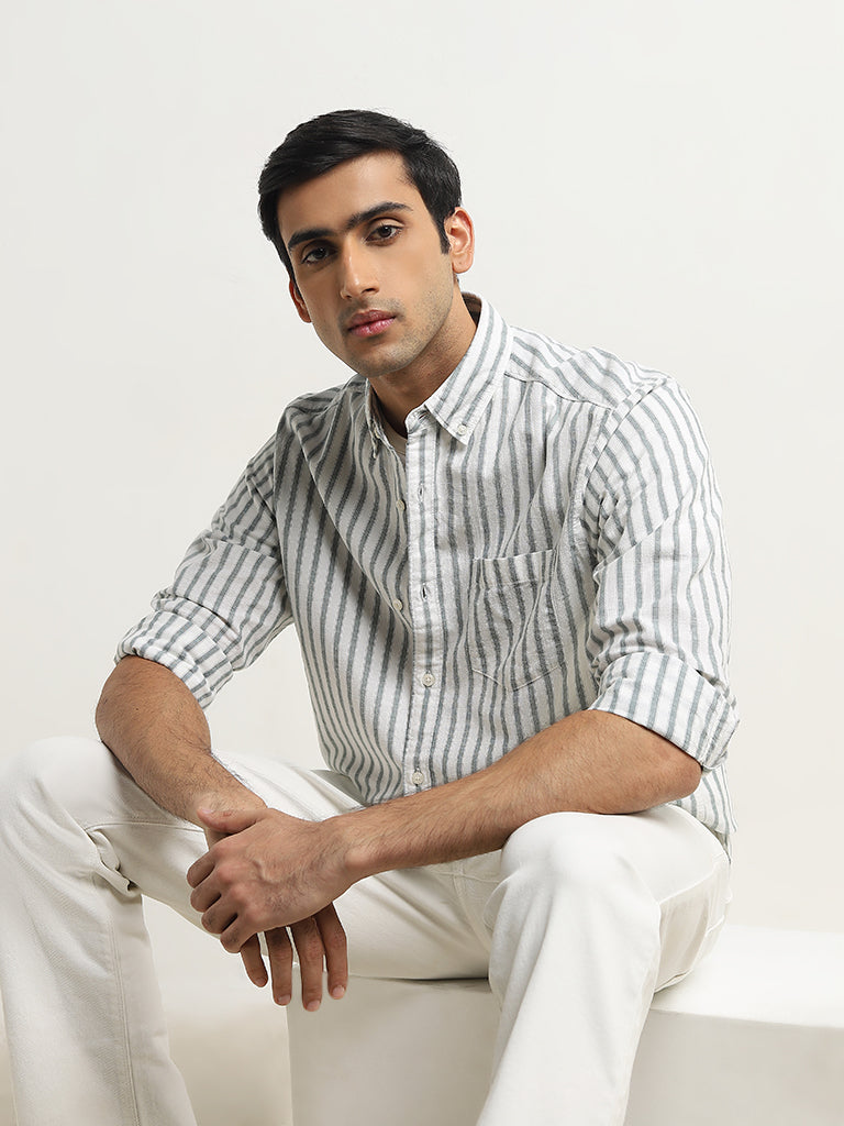 WES Casuals Sage Striped Relaxed-Fit Cotton Blend Shirt