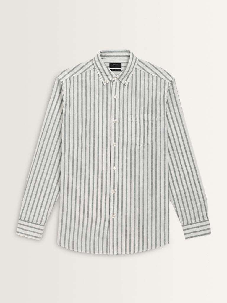 WES Casuals Sage Striped Relaxed-Fit Cotton Blend Shirt