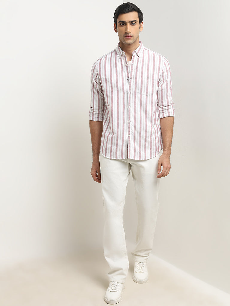 WES Casuals Dusty Pink Stripe Printed Slim-Fit Cotton Shirt