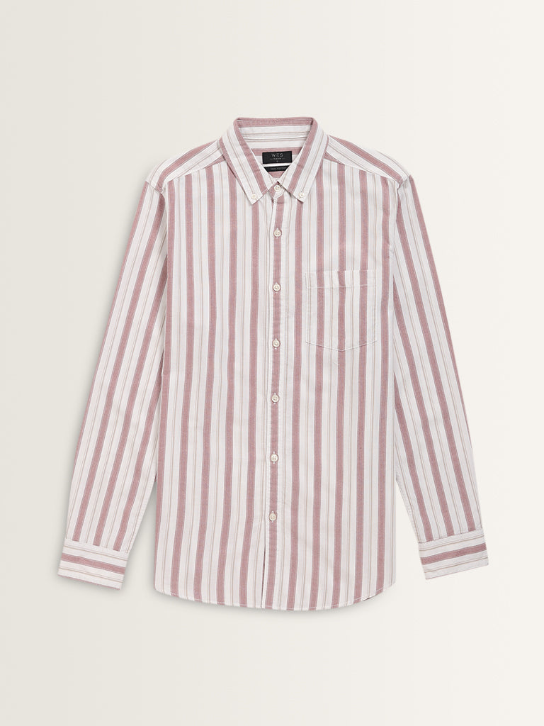 WES Casuals Dusty Pink Stripe Printed Slim-Fit Cotton Shirt