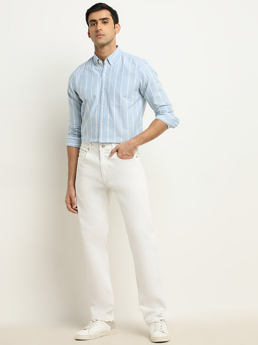 WES Casuals Blue Stripe Printed Slim-Fit Cotton Shirt