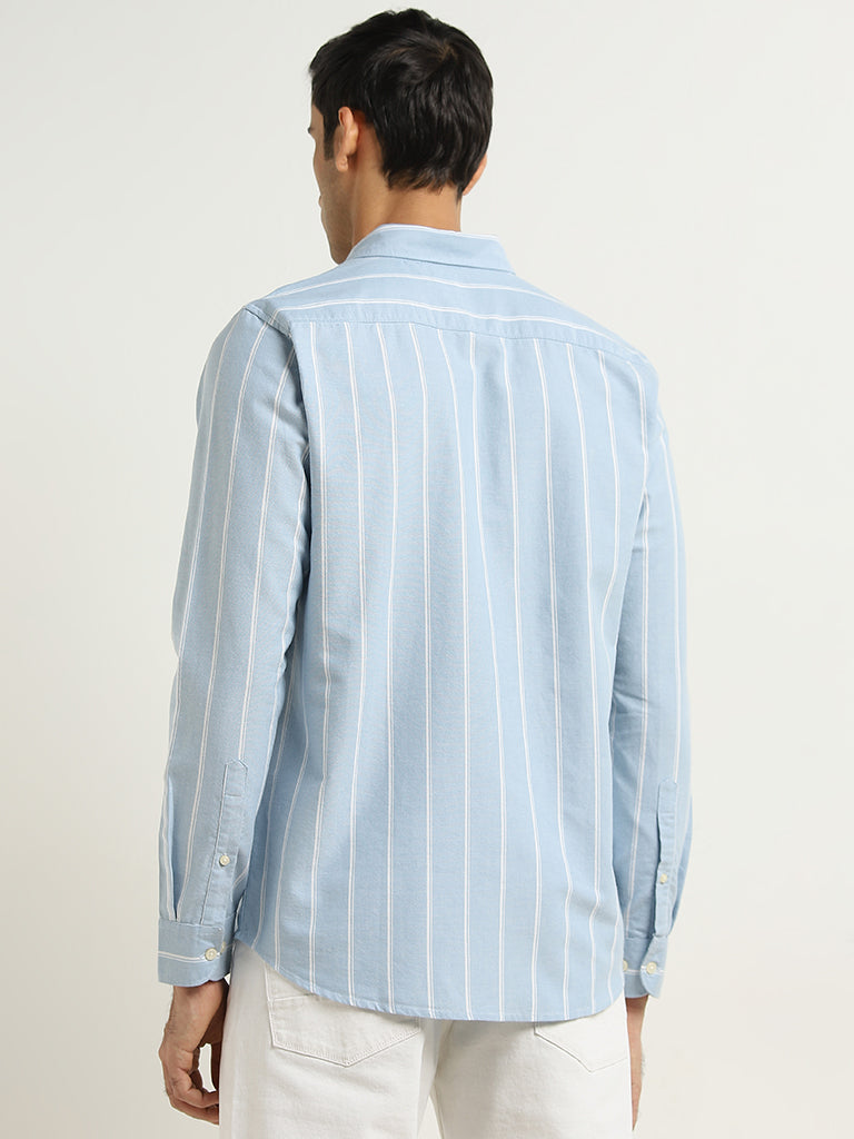 WES Casuals Blue Stripe Printed Slim-Fit Cotton Shirt