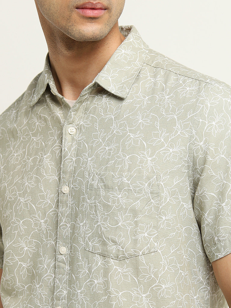 WES Casuals Sage Floral Printed Slim-Fit Cotton Shirt