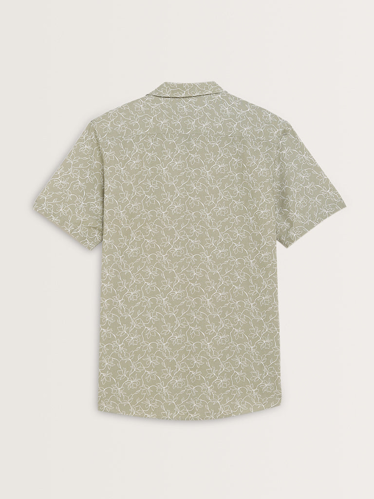 WES Casuals Sage Floral Printed Slim-Fit Cotton Shirt