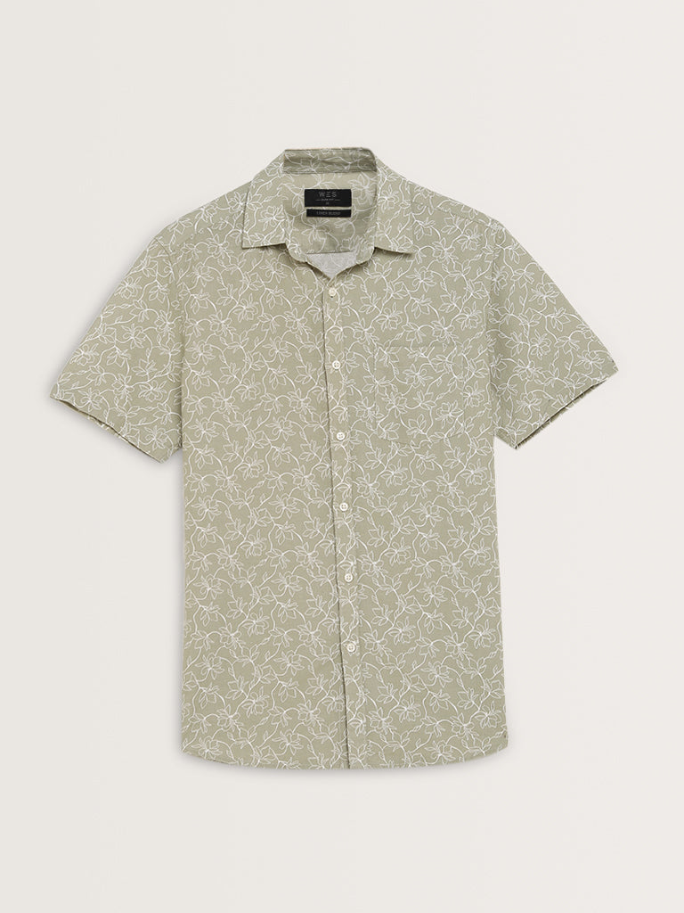 WES Casuals Sage Floral Printed Slim-Fit Cotton Shirt