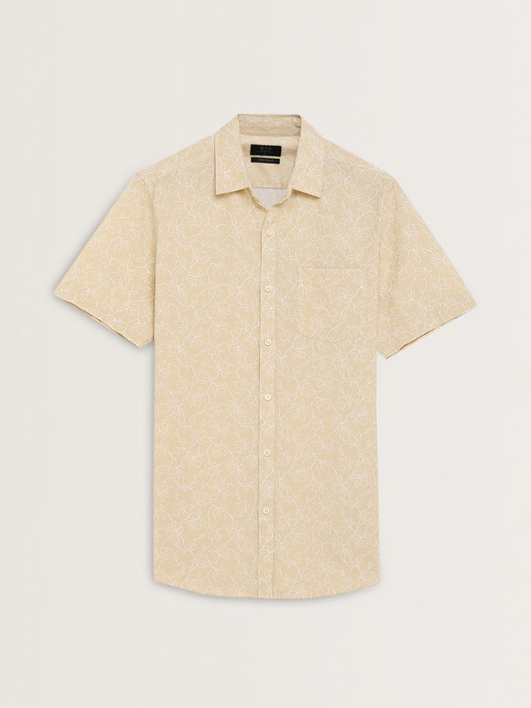 WES Casuals Yellow Floral Printed Slim-Fit Cotton Shirt