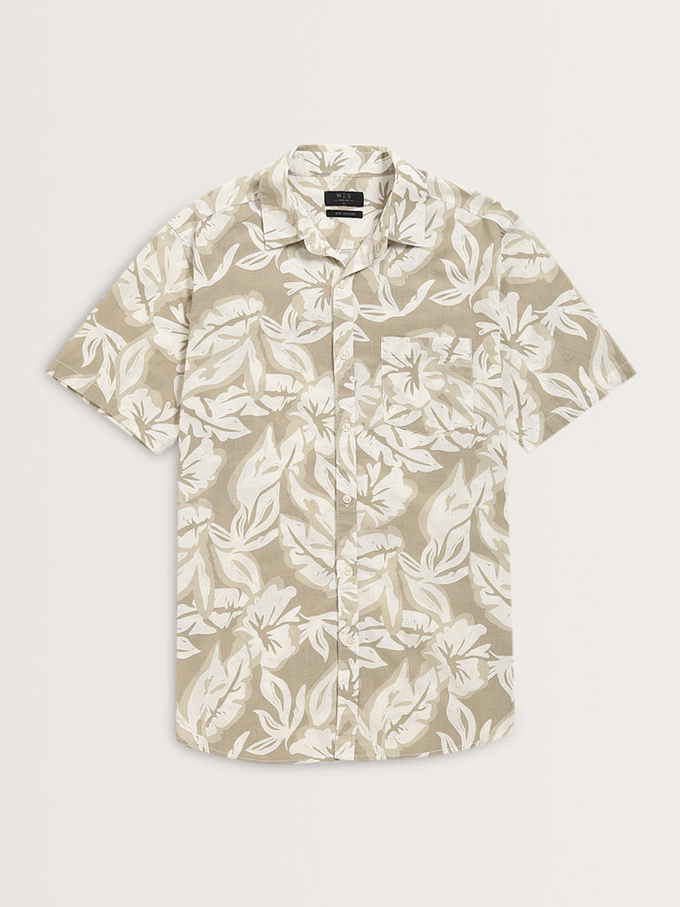 WES Casuals Sage Floral Printed Slim-Fit Cotton Shirt