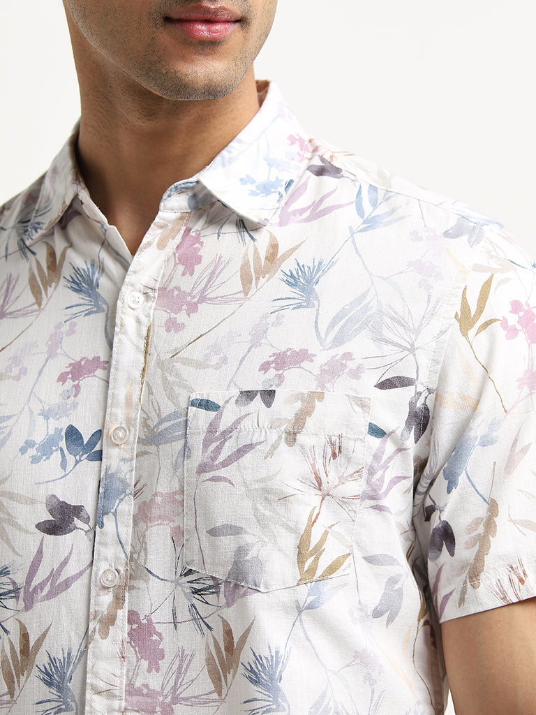 WES Casuals White Leaf Design Slim-Fit Cotton Shirt