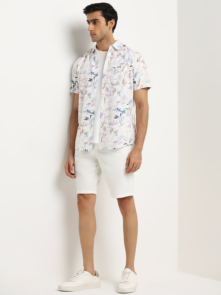 WES Casuals White Leaf Design Slim-Fit Cotton Shirt