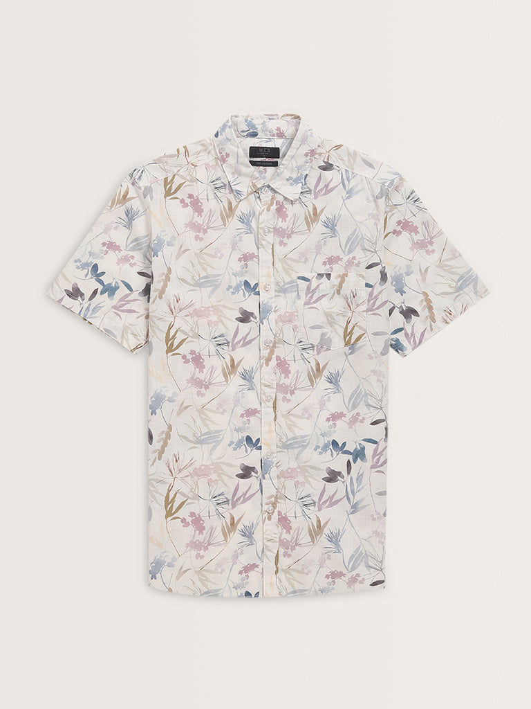 WES Casuals White Leaf Design Slim-Fit Cotton Shirt