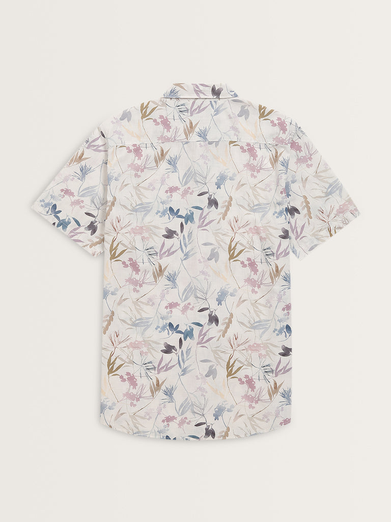 WES Casuals White Leaf Design Slim-Fit Cotton Shirt