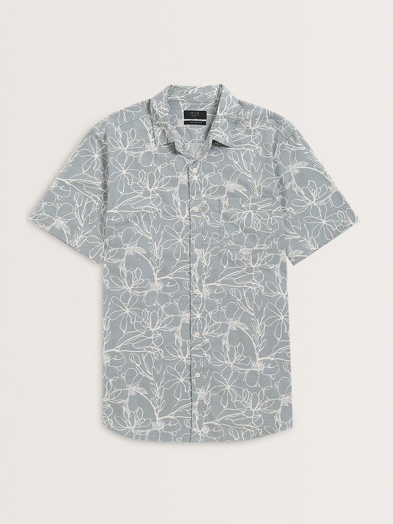 WES Casuals Dusty Blue Floral Pattern Slim-Fit Cotton Shirt