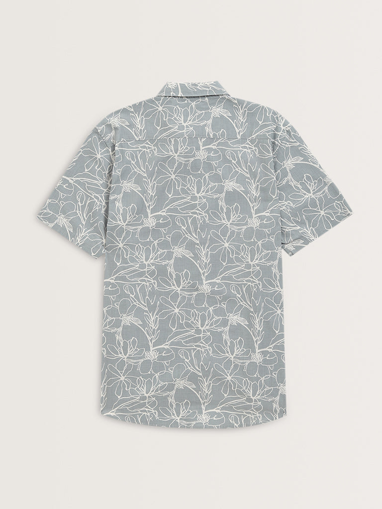 WES Casuals Dusty Blue Floral Pattern Slim-Fit Cotton Shirt