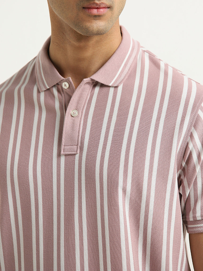 WES Casuals Dusty Pink Striped Relaxed-Fit Polo T-Shirt