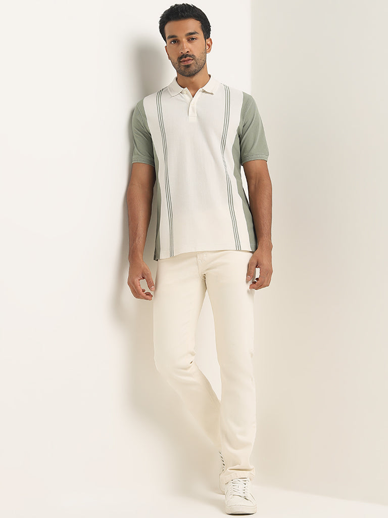 WES Casuals Sage Colour-Blocked Relaxed-Fit Polo T-Shirt