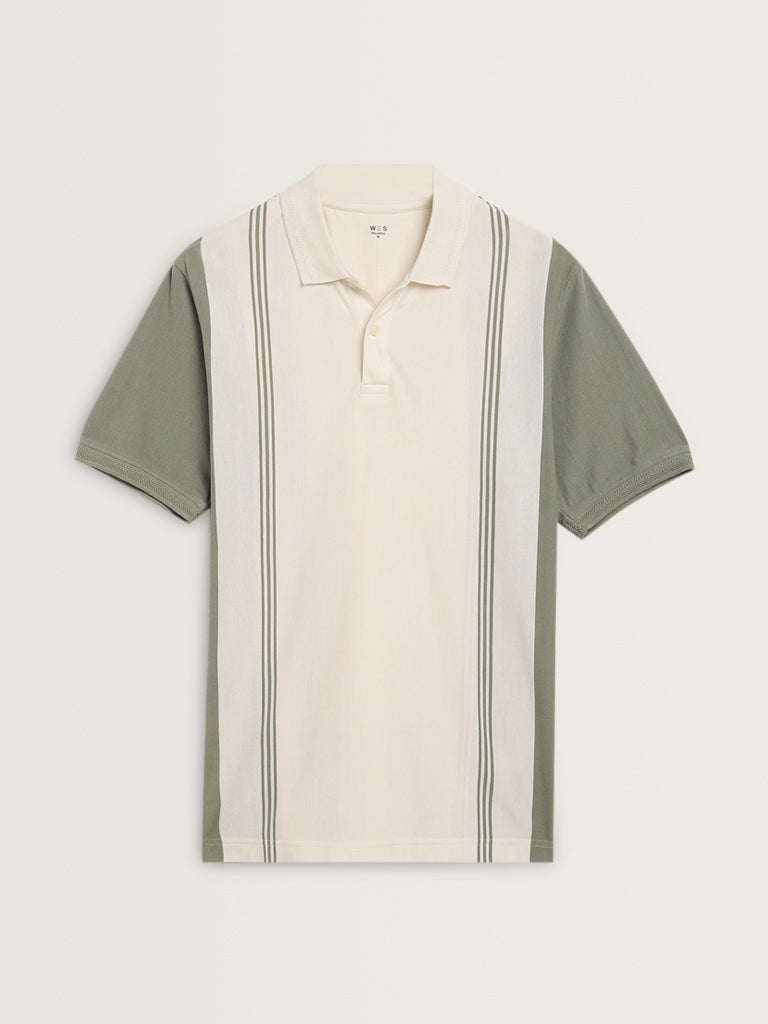 WES Casuals Sage Colour-Blocked Relaxed-Fit Polo T-Shirt