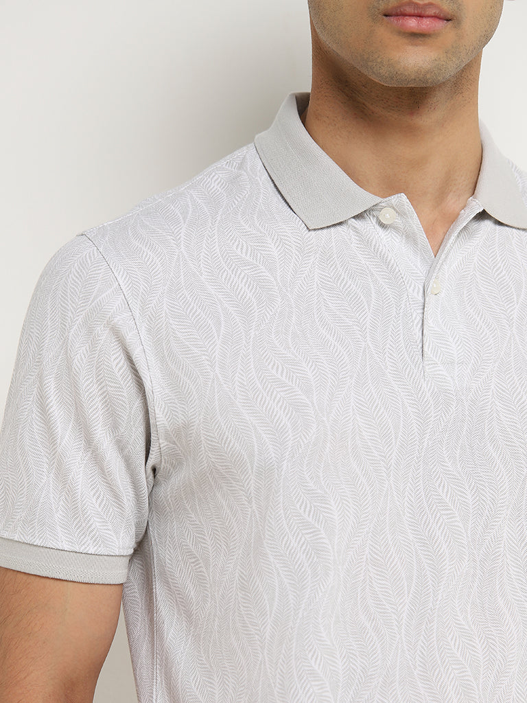 WES Casuals Light Grey Leaf Design Relaxed-Fit Polo T-Shirt