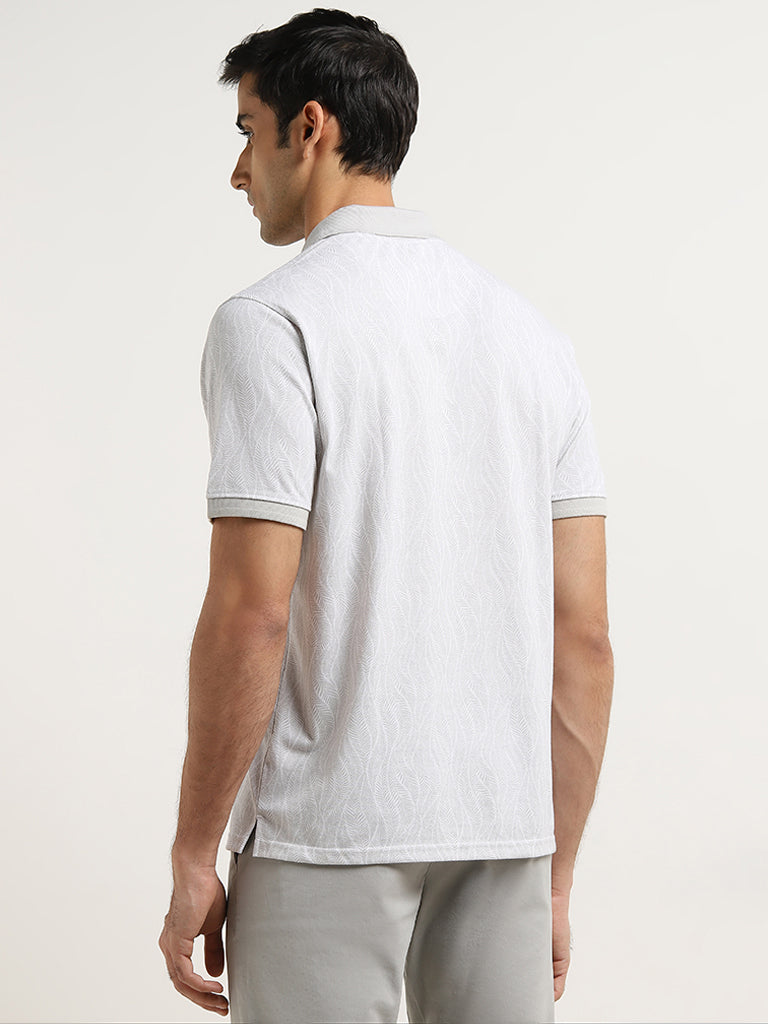 WES Casuals Light Grey Leaf Design Relaxed-Fit Polo T-Shirt