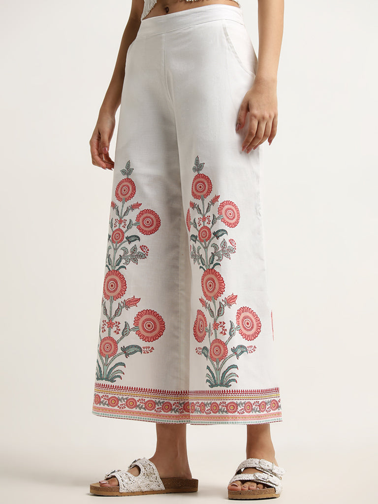 Bombay Paisley White Floral Printed High-Rise Cotton Pants