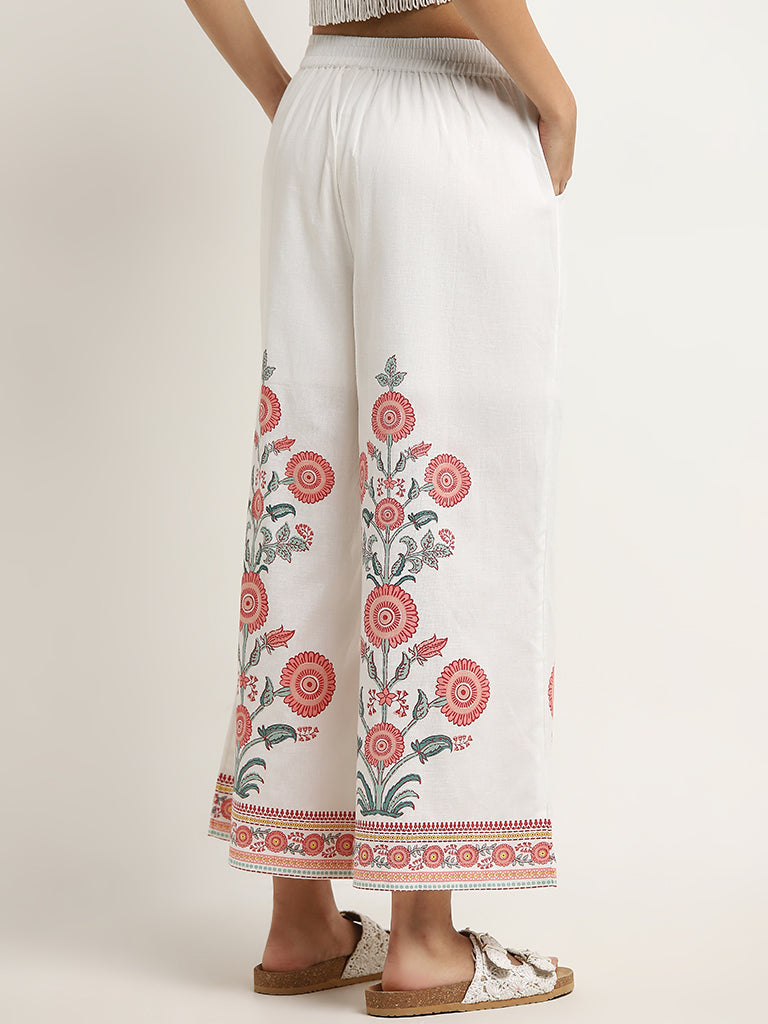 Bombay Paisley White Floral Printed High-Rise Cotton Pants