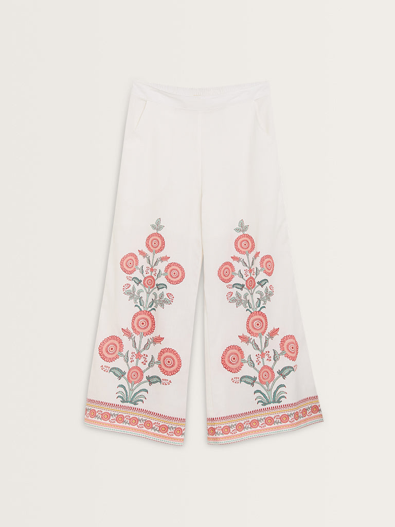 Bombay Paisley White Floral Printed High-Rise Cotton Pants