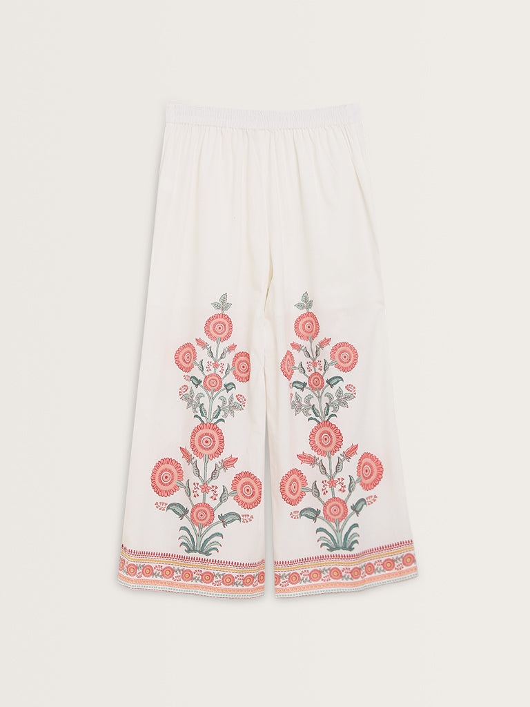 Bombay Paisley White Floral Printed High-Rise Cotton Pants