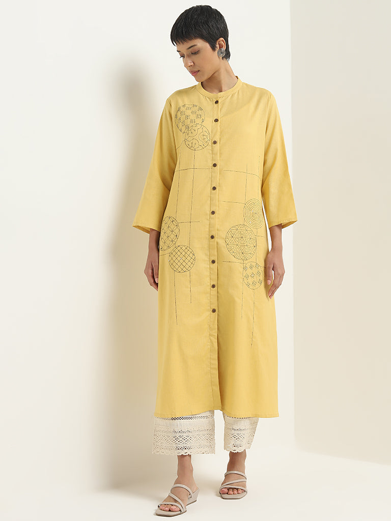 Utsa Mustard Embroidered A-Line Cotton Blend Kurta