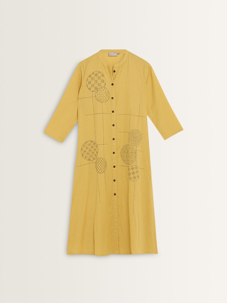 Utsa Mustard Embroidered A-Line Cotton Blend Kurta