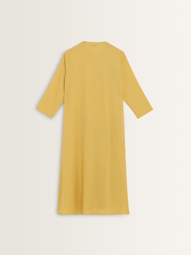 Utsa Mustard Embroidered A-Line Cotton Blend Kurta