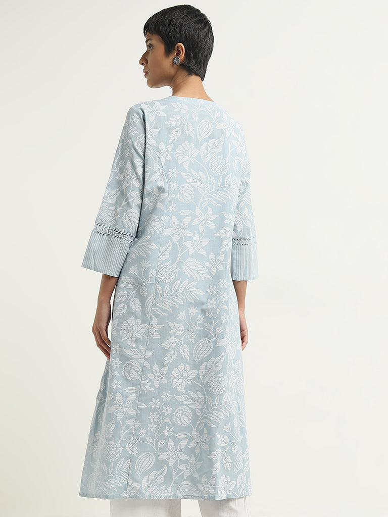 Utsa Light Blue Botanical Printed A-Line Cotton Blend Kurta