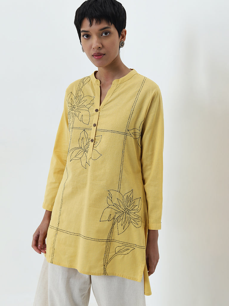 Utsa Yellow Floral Embroidered High-Low Cotton Blend Kurti