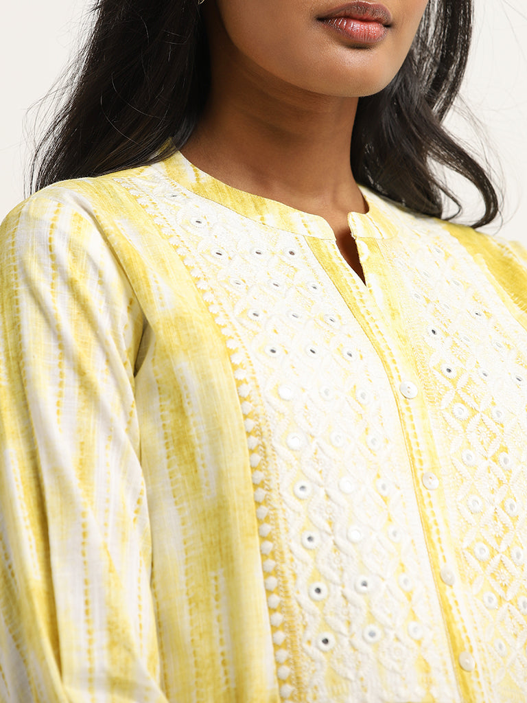 Utsa Yellow Abstract Printed A-Line Cotton Kurti