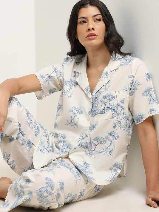 Wunderlove Blue Cotton Shirt & High-Rise Pyjamas Set