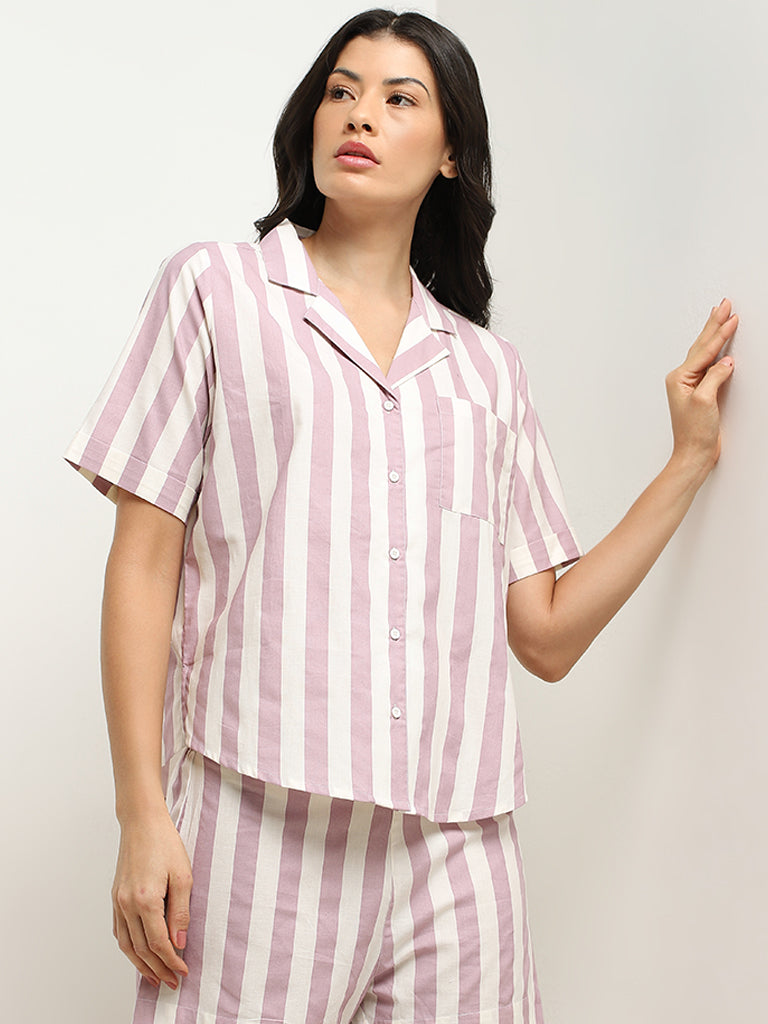 Wunderlove Dusty Pink Striped Cotton Shirt with Shorts Set