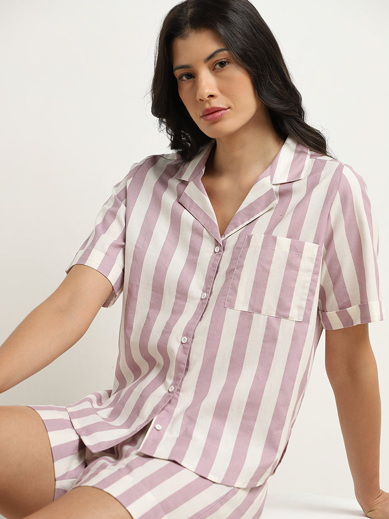 Wunderlove Dusty Pink Striped Cotton Shirt with Shorts Set